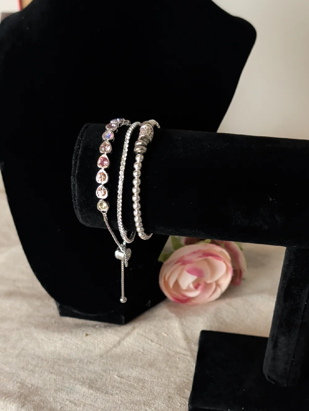 Y2K Pastel Rainbow Heart Bracelet Set Layered Silver Glam Stack